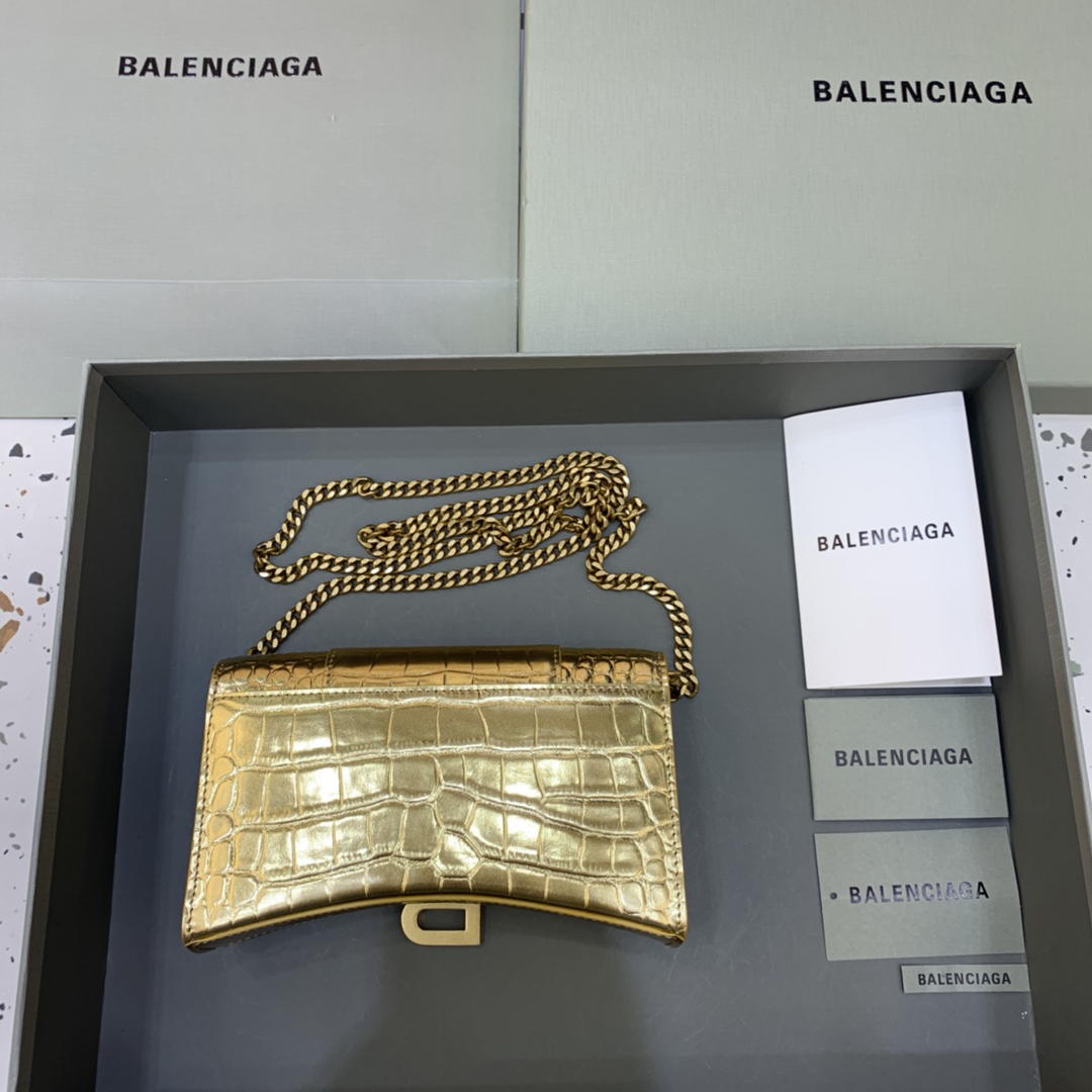 Balenciaga Small Hourglass Wallet With Chain Crocodile Embossed Shoulder Bag Gold